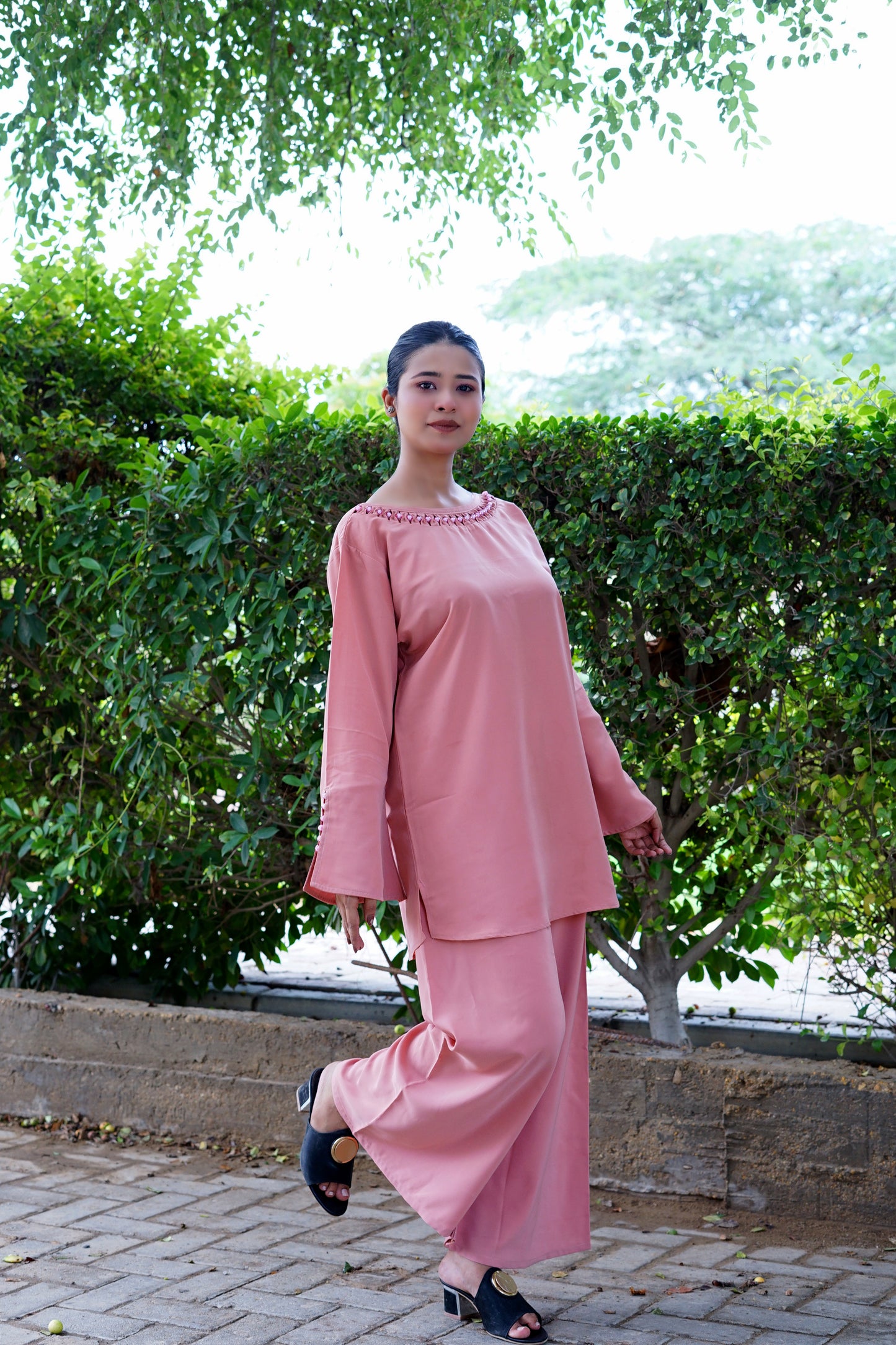 Persian Pink–Round crystal neckline style - Shirt with trouser.