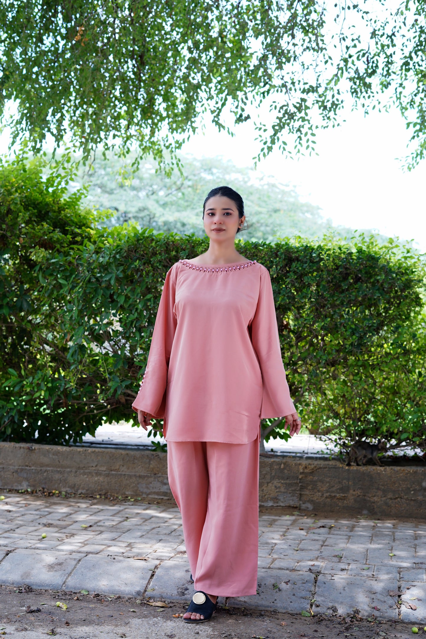 Persian Pink–Round crystal neckline style - Shirt with trouser.