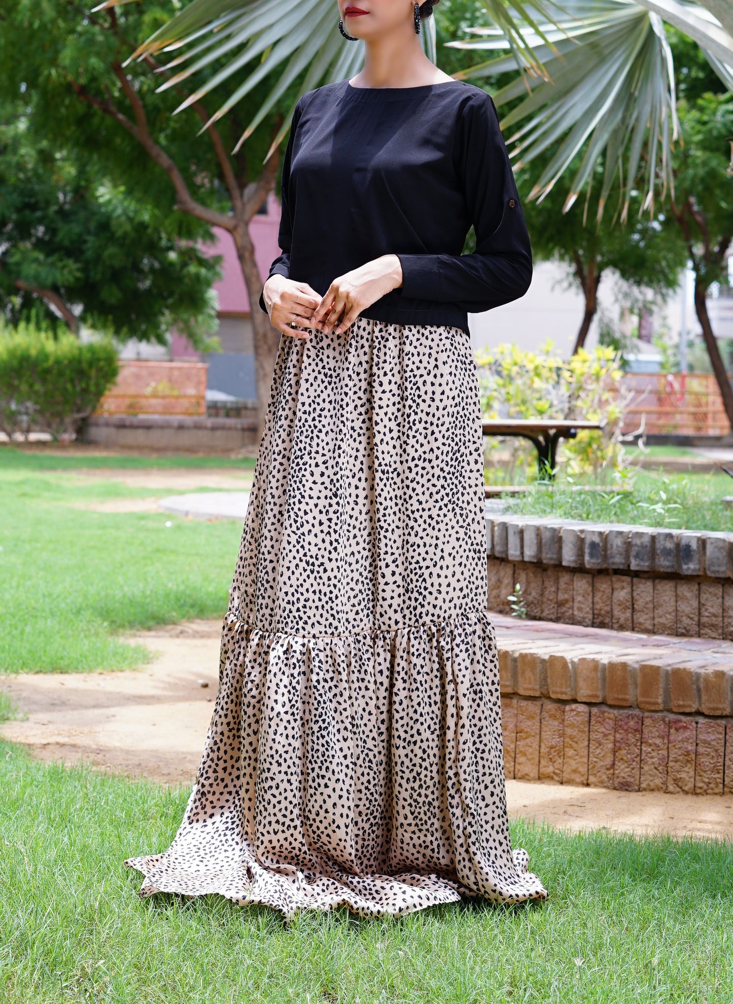 Leopard Print-long skirt with black plan top.