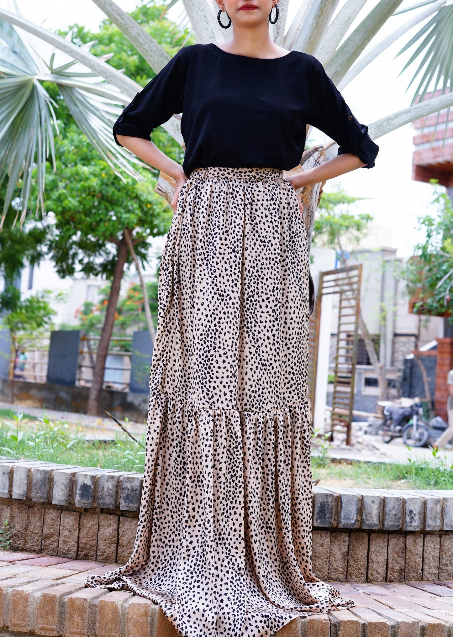 Leopard Print-long skirt with black plan top.