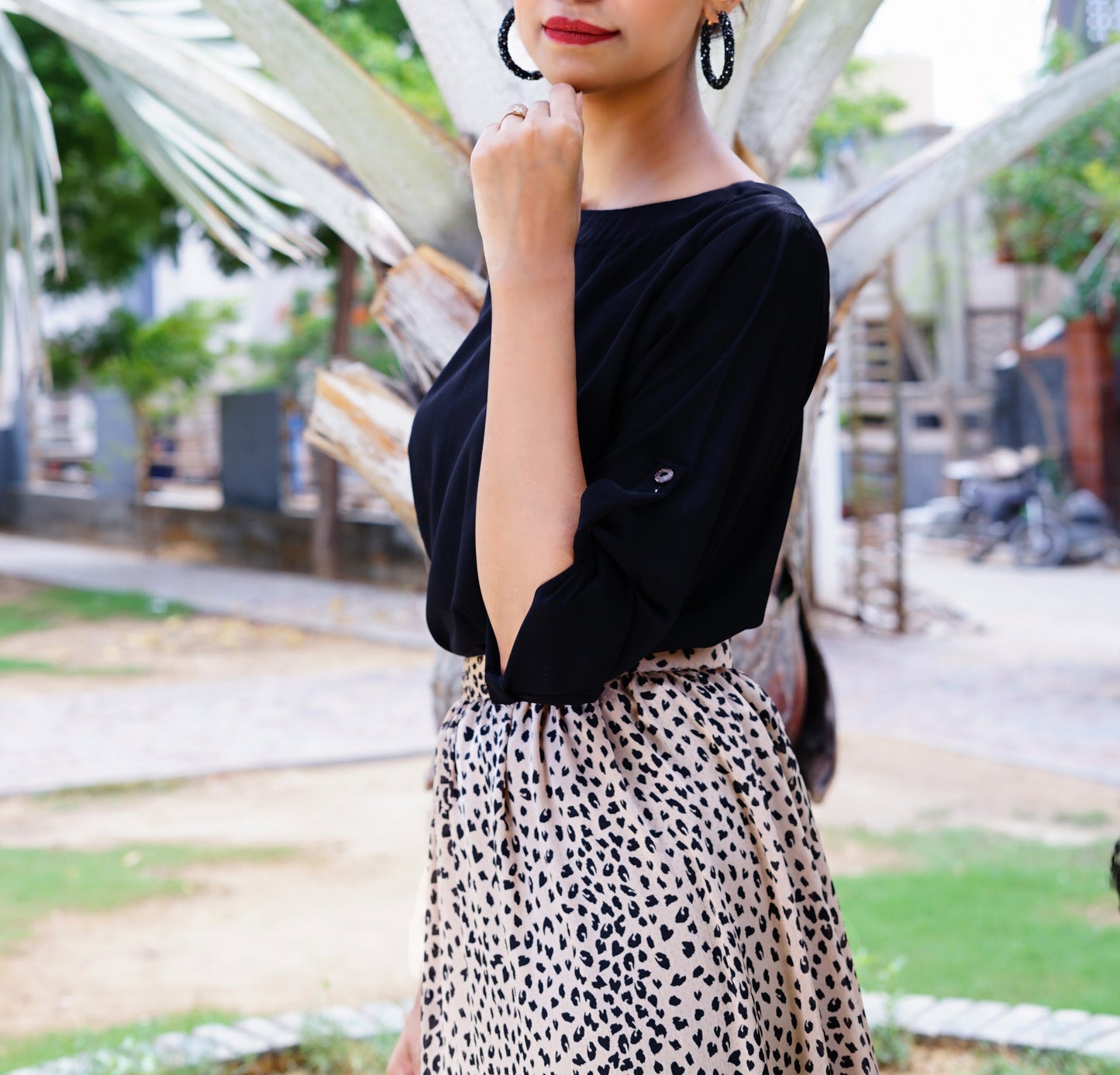 Leopard Print-long skirt with black plan top.