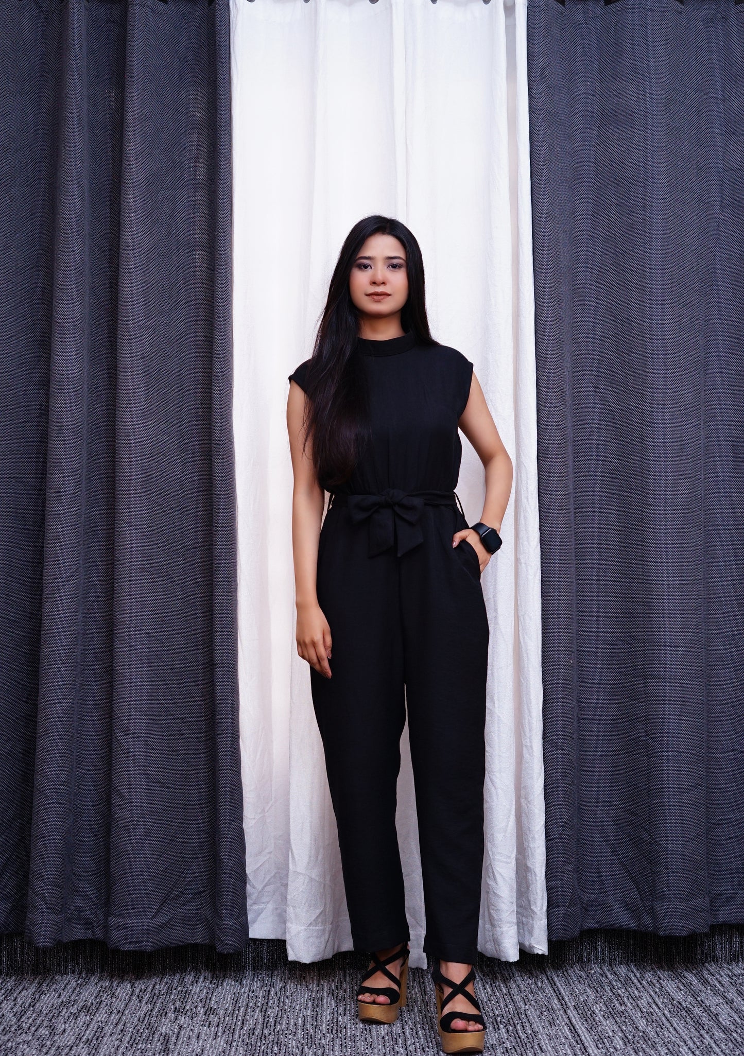 Black Jumpsuit-High neck tie waist.