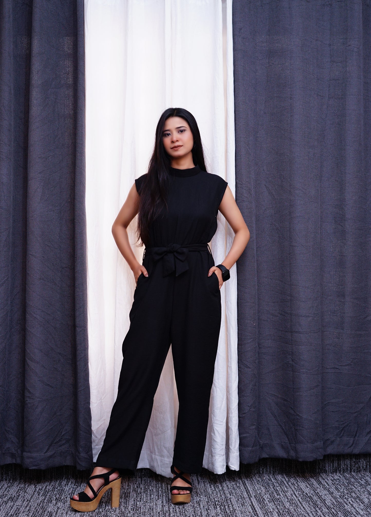 Black Jumpsuit-High neck tie waist.