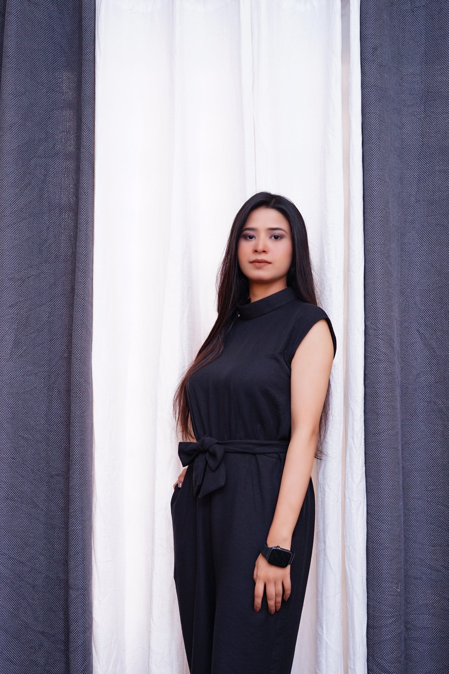 Black Jumpsuit-High neck tie waist.