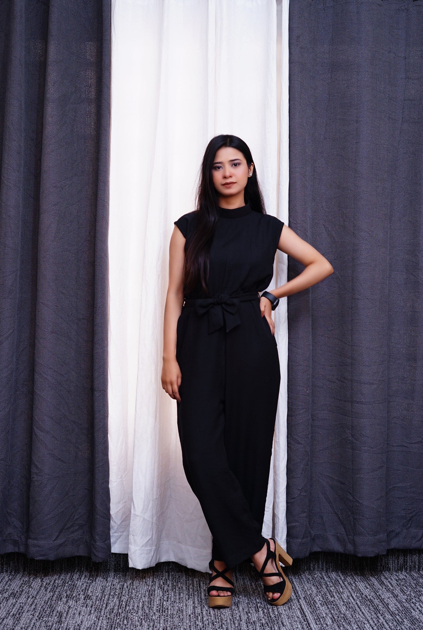 Black Jumpsuit-High neck tie waist.