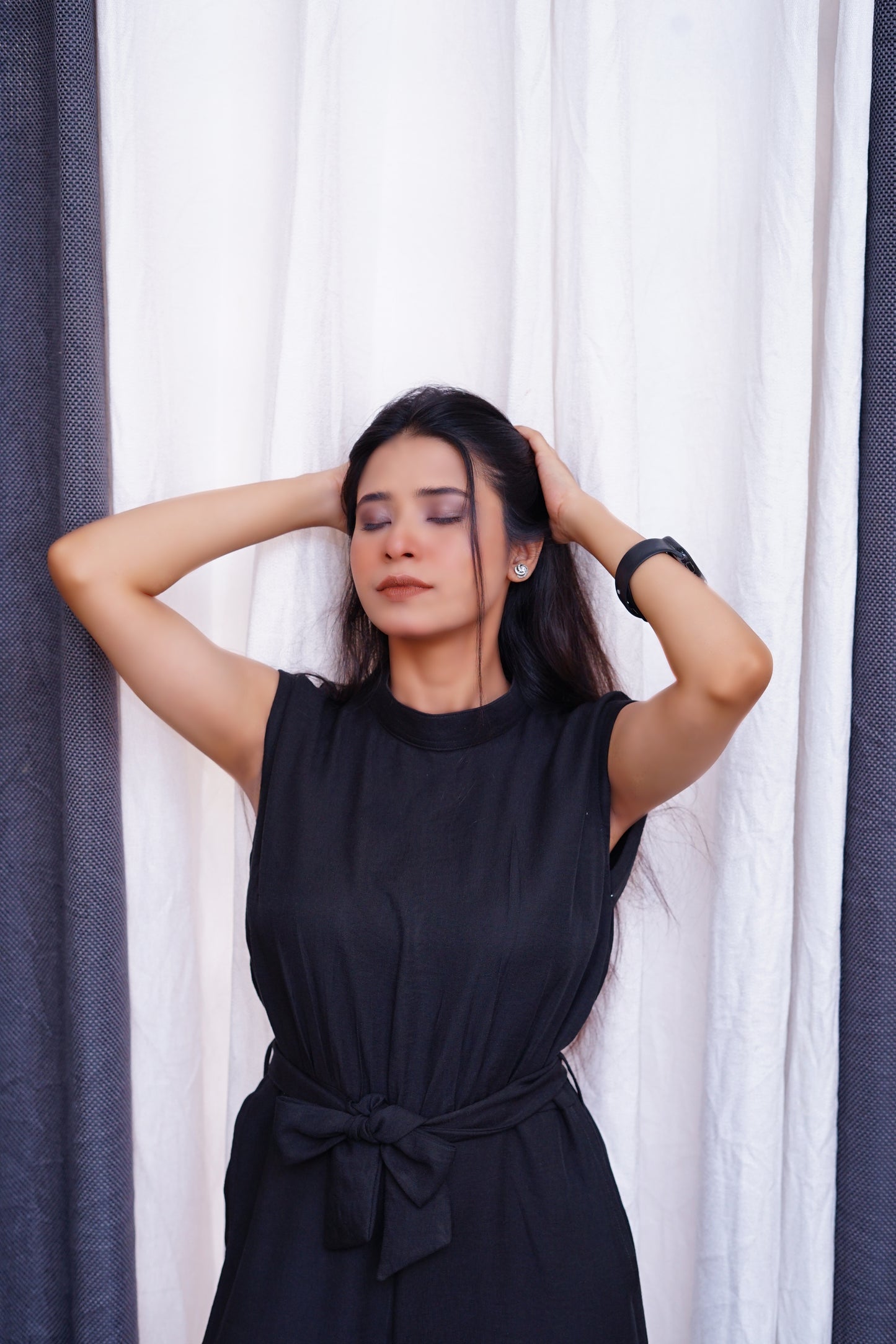 Black Jumpsuit-High neck tie waist.