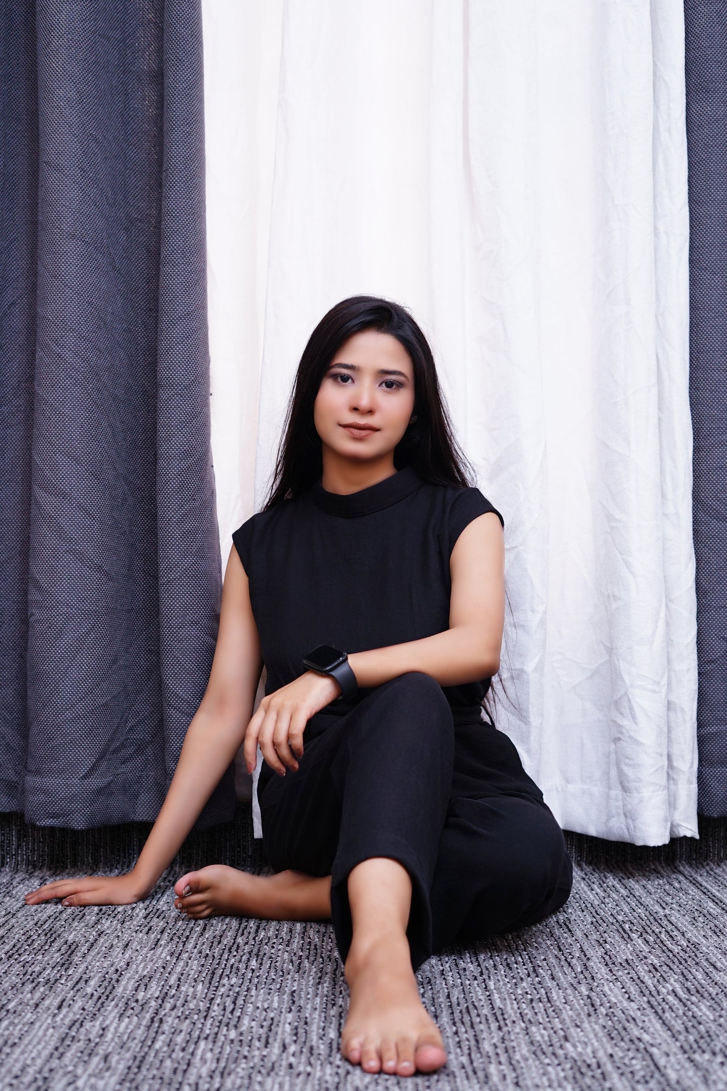 Black Jumpsuit-High neck tie waist.