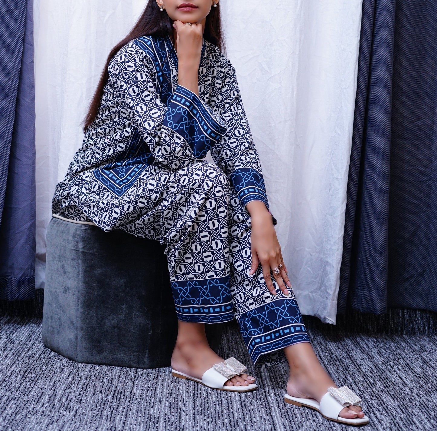 Printed Blue Yee-Nech Kamiz with Shalwar.