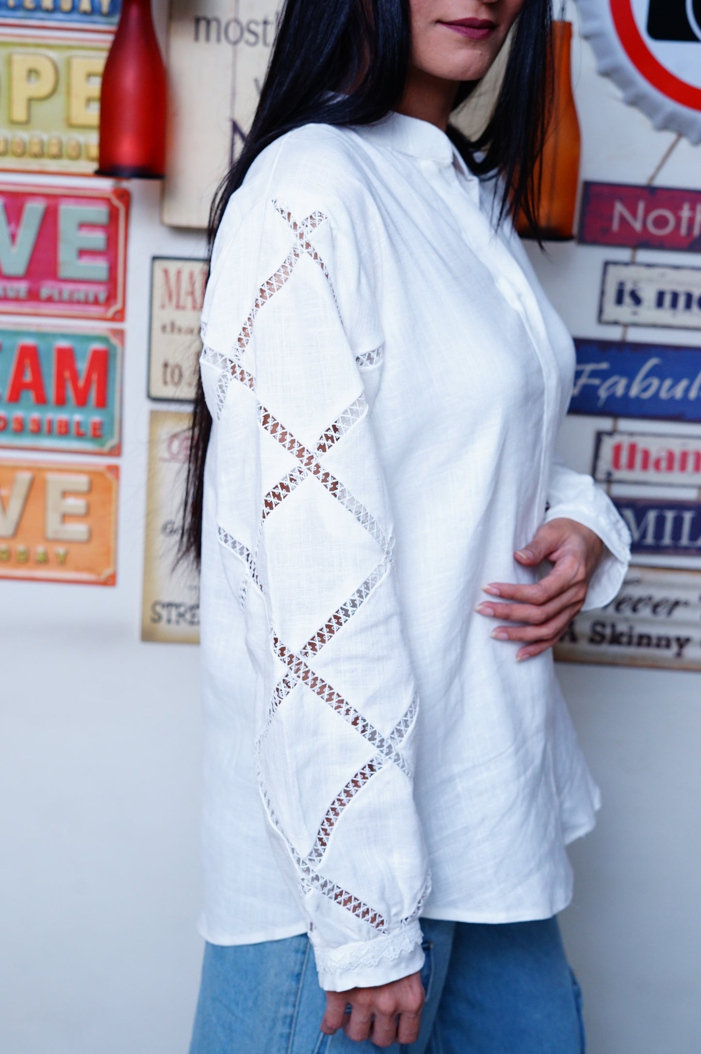 Irish white- Women Full Sleeves Lace Detailing Shirt.