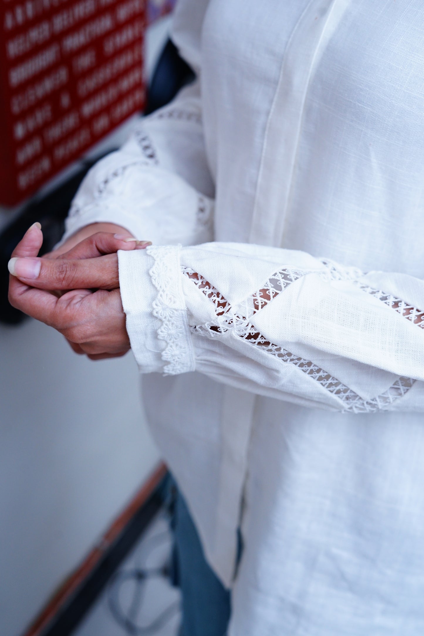 Irish white- Women Full Sleeves Lace Detailing Shirt.
