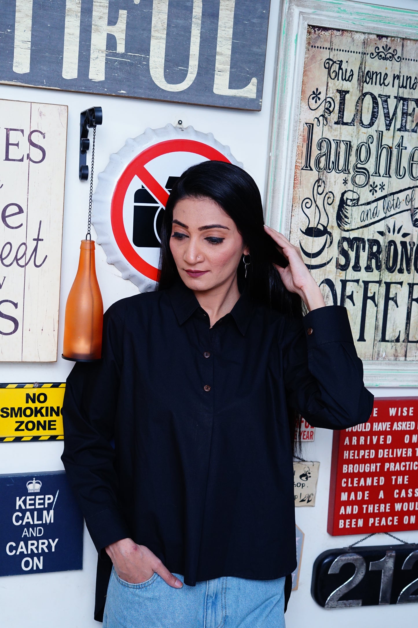 Black Pure high-low shirt.