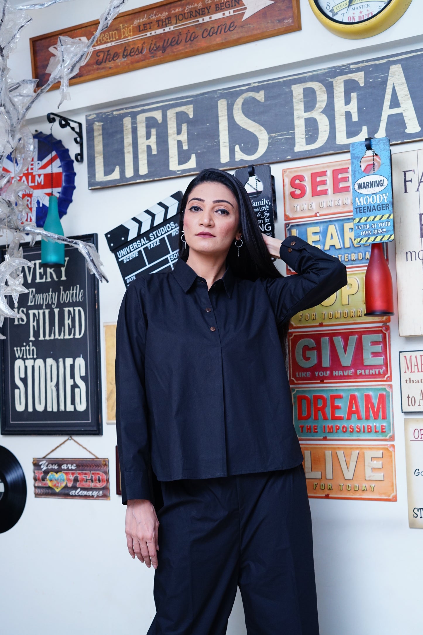 Black Co-ord Set with high-low shirt style.