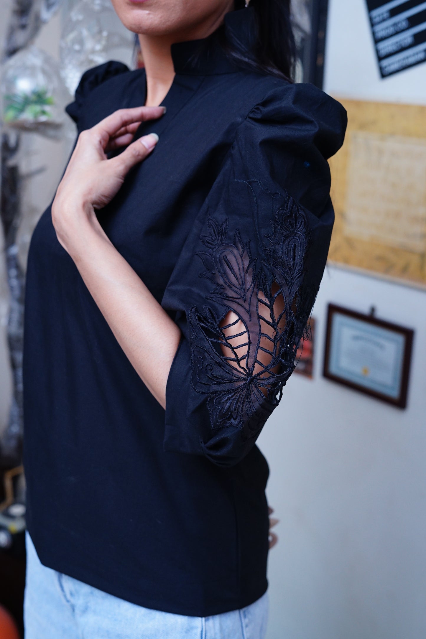 Black Pure Cotton-with Cutwork sleeves style