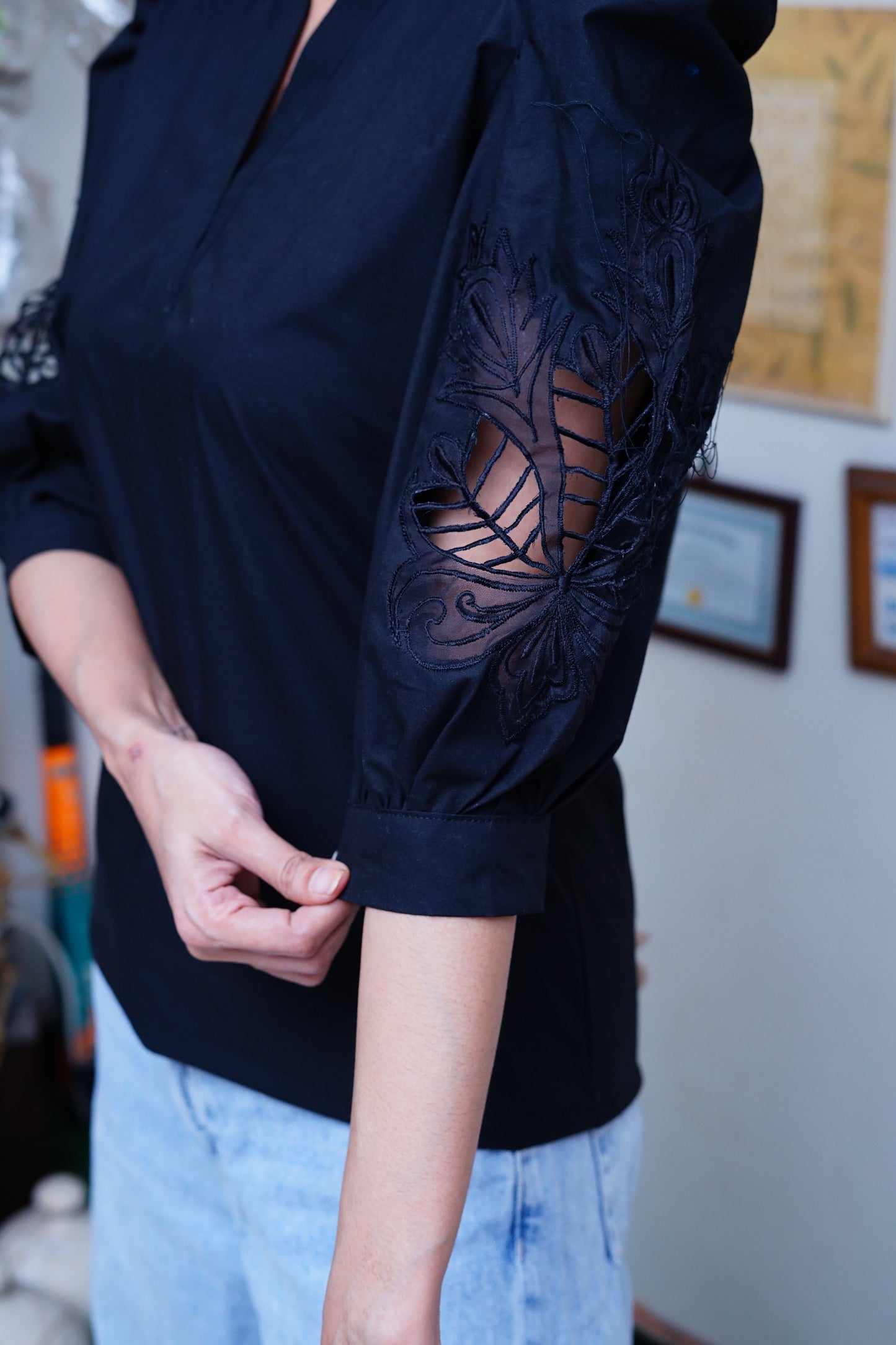 Black Pure Cotton-with Cutwork sleeves style