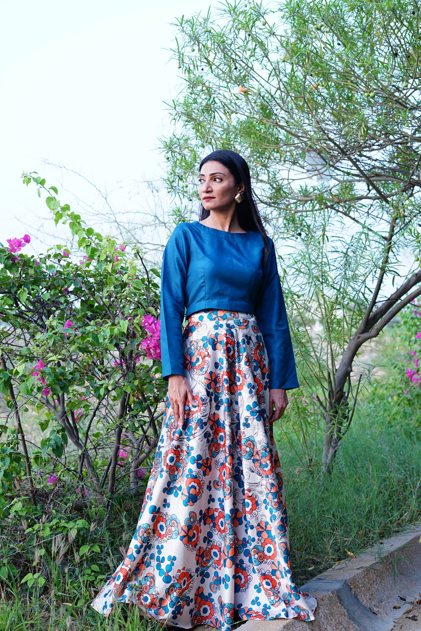 Silk multi-printer skirt with organza plain top.