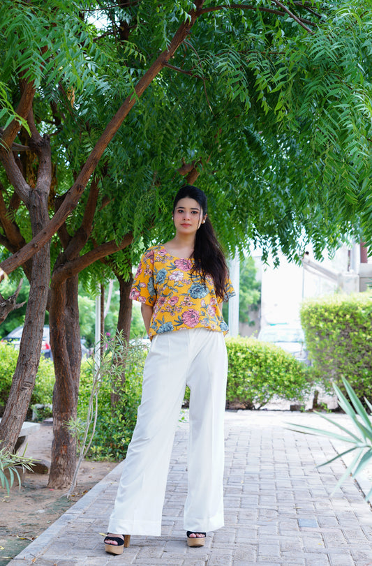 Yellow – Floral Printed Top with off-white high waist palazzo pant
