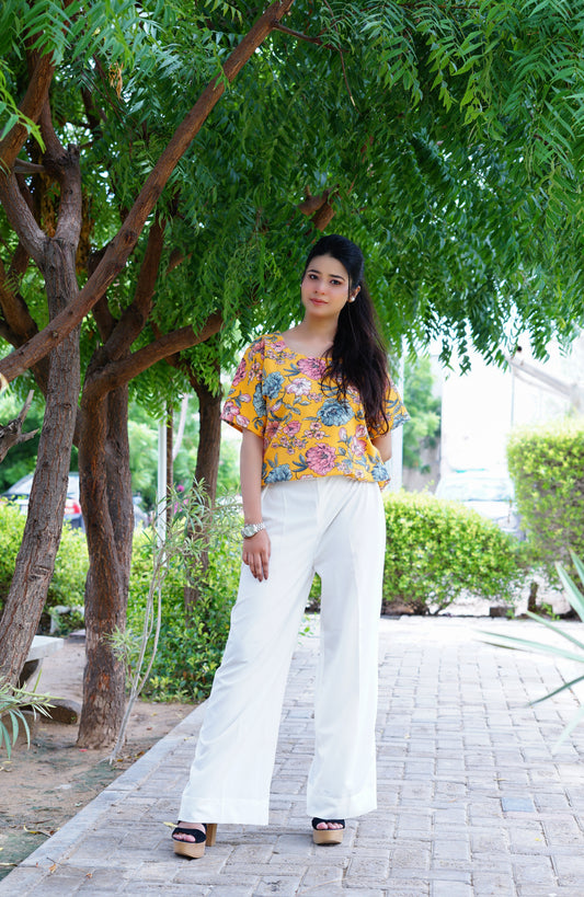 Yellow – Floral Printed Top with off-white high waist palazzo pant