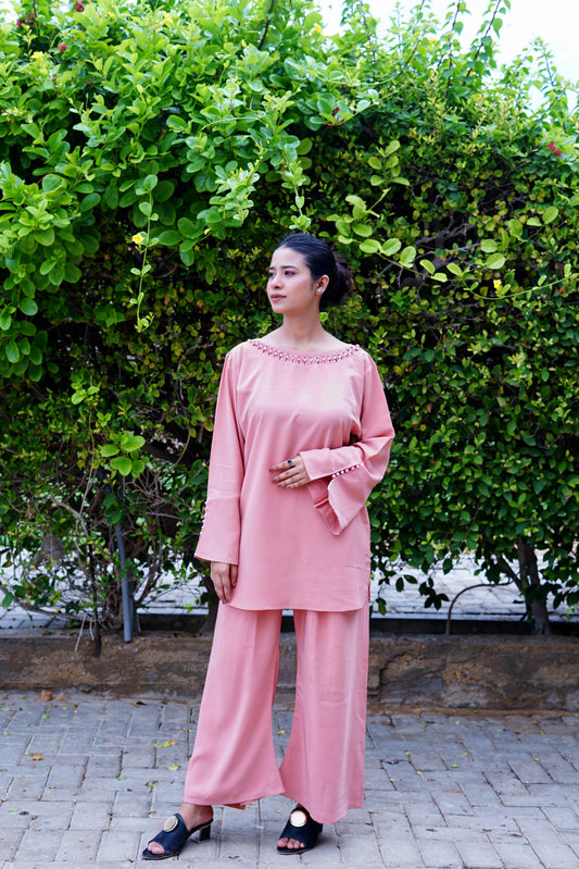 Persian Pink–Round crystal neckline style - Shirt with trouser.