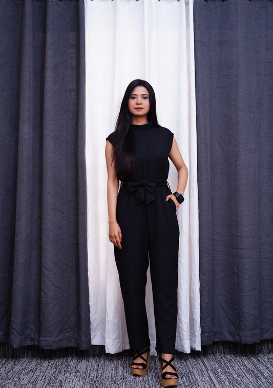 Black Jumpsuit-High neck tie waist.