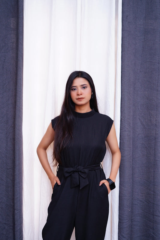 Black Jumpsuit-High neck tie waist.