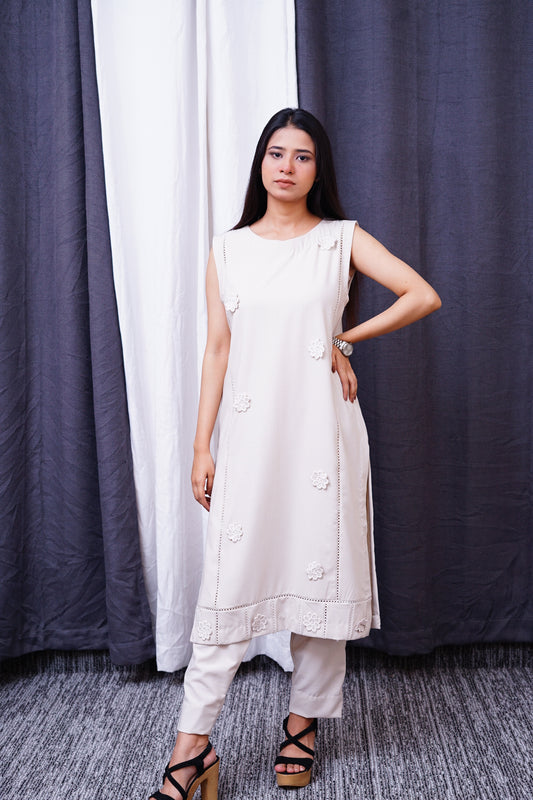 Platinum Grey- sleeves less Long Kameez with streght pajama.