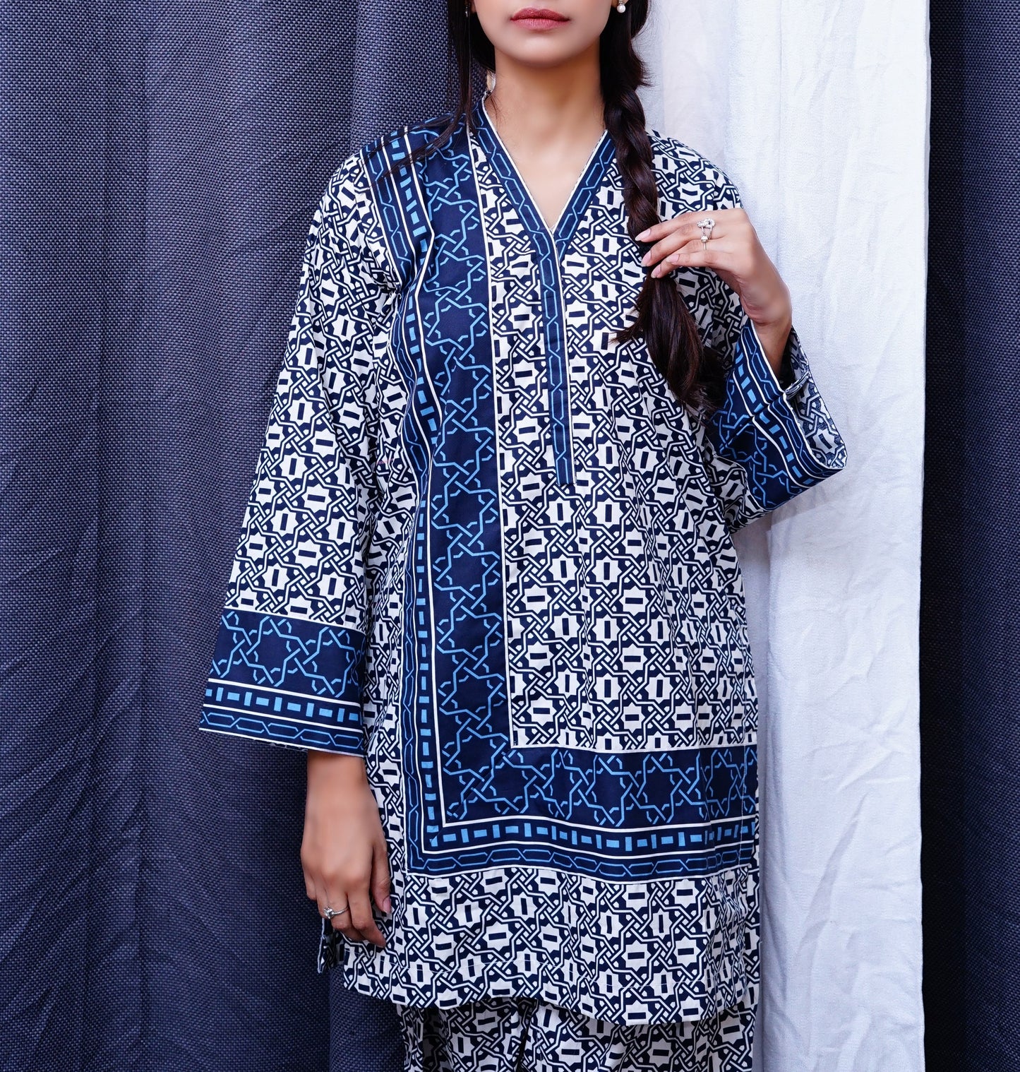 Printed Blue Yee-Nech Kamiz with Shalwar.