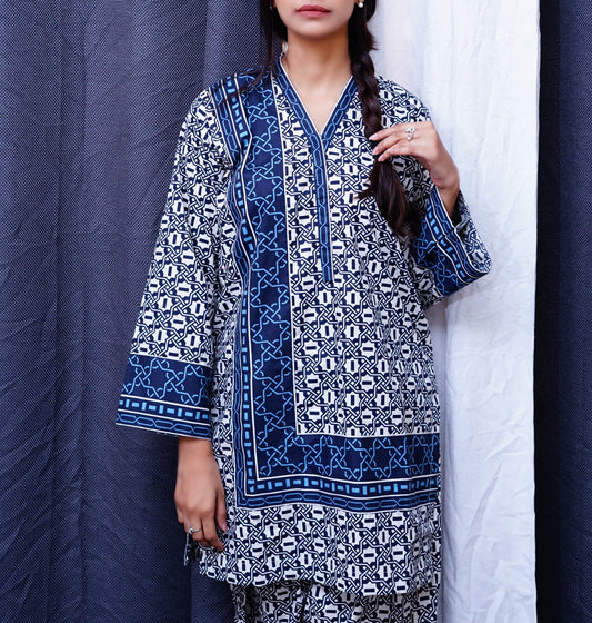 Printed Blue Yee-Nech Kamiz with Shalwar.