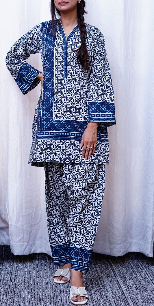 Printed Blue Yee-Nech Kamiz with Shalwar.