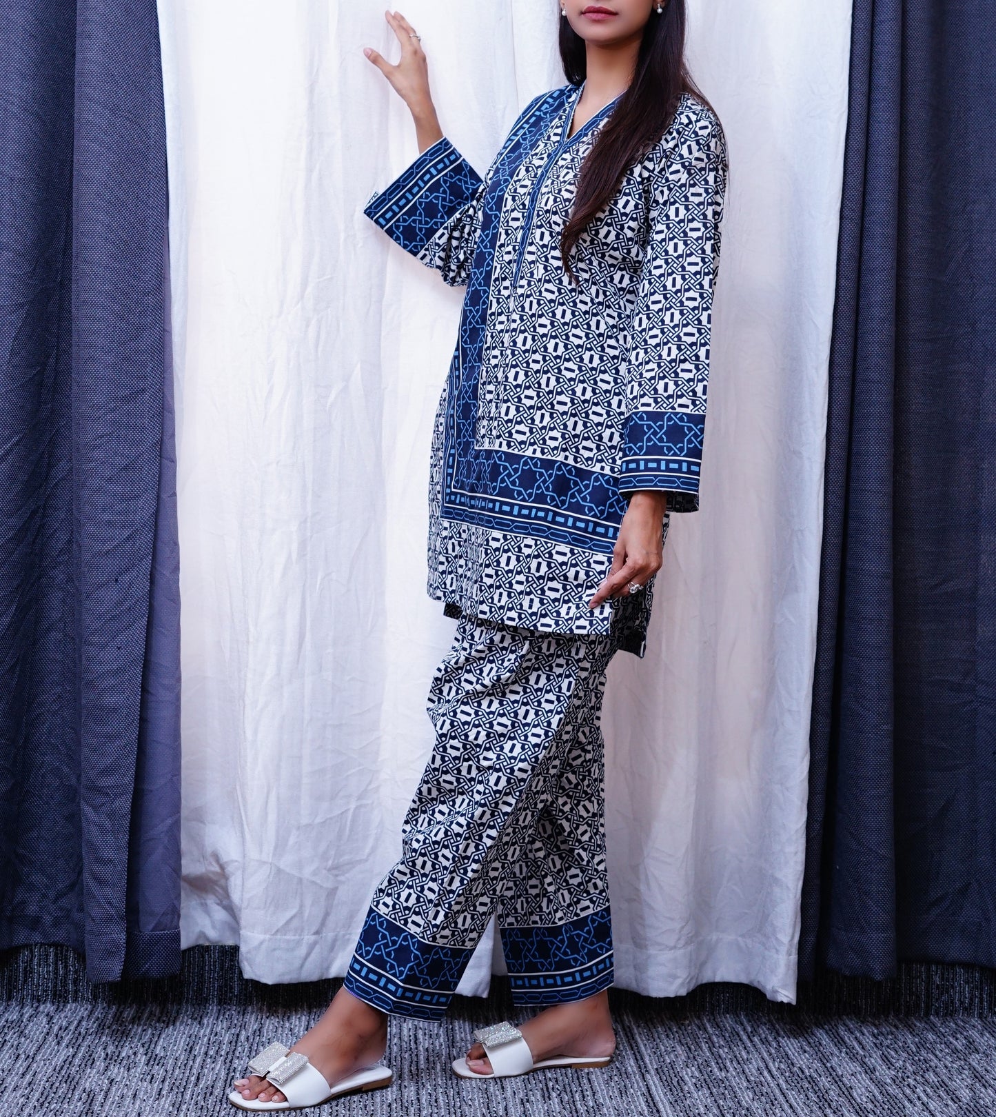 Printed Blue Yee-Nech Kamiz with Shalwar.
