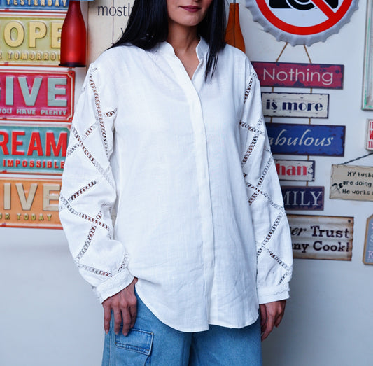 Irish white- Women Full Sleeves Lace Detailing Shirt.