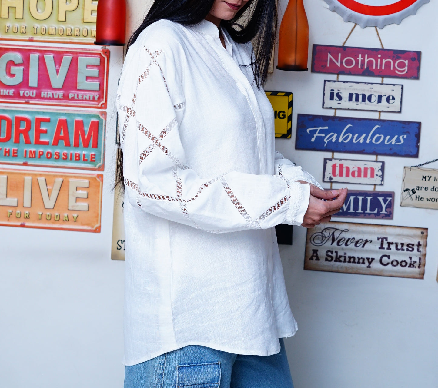 Irish white- Women Full Sleeves Lace Detailing Shirt.
