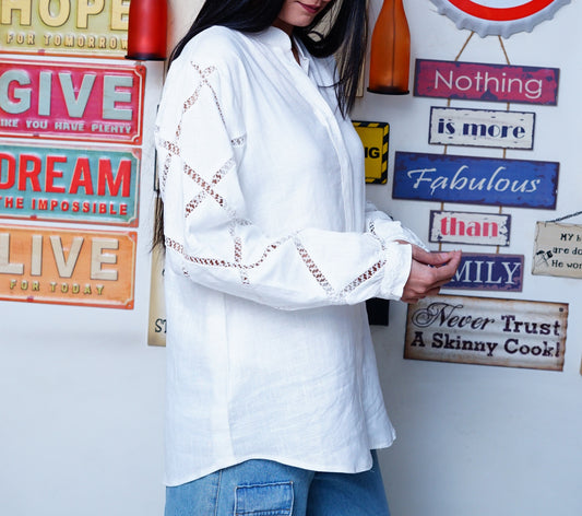 Irish white- Women Full Sleeves Lace Detailing Shirt.