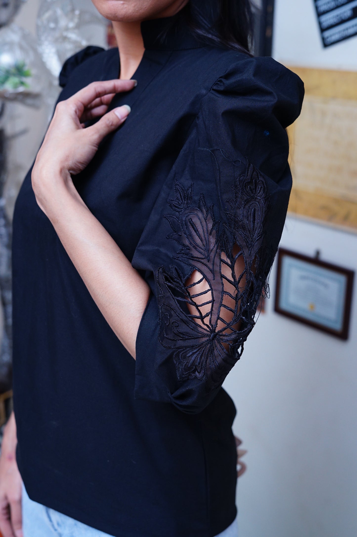 Black Pure Cotton-with Cutwork sleeves style