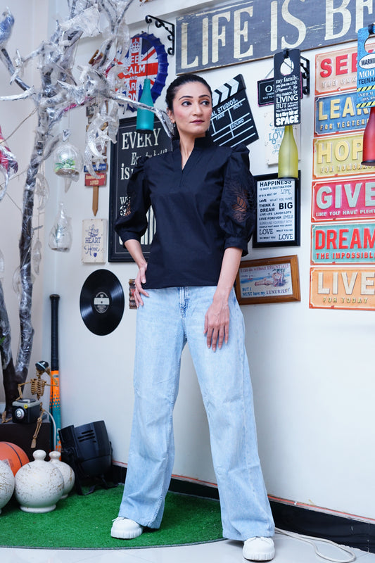 Black Pure Cotton-with Cutwork sleeves style
