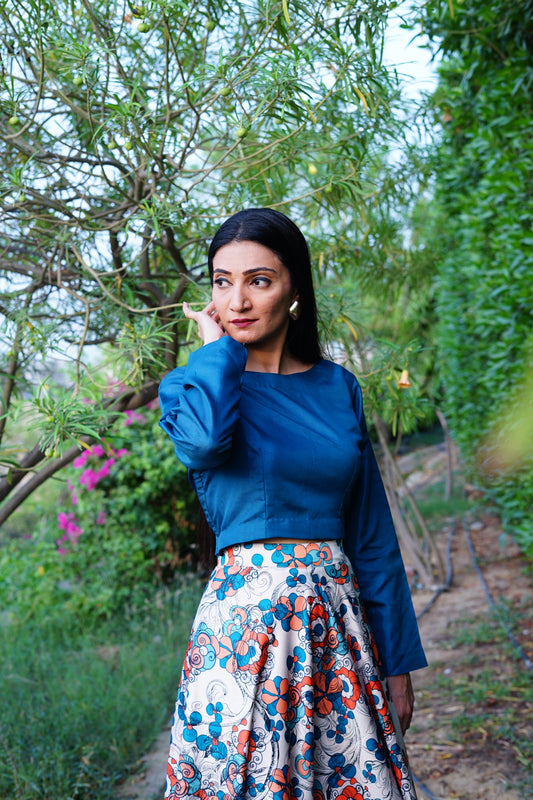 Silk multi-printer skirt with organza plain top.