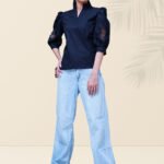 Black Embroidered Sleeve Cotton Top for Women | Elegant Cutwork Detail Blouse