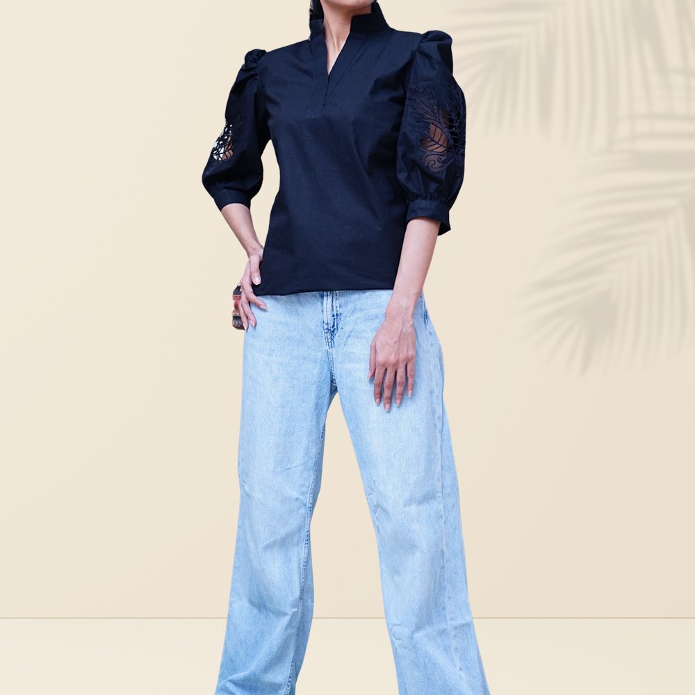 11 Black Embroidered Sleeve Cotton Top for Women | Elegant Cutwork Detail Blouse - Image 1