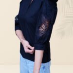 Black Embroidered Sleeve Cotton Top for Women | Elegant Cutwork Detail Blouse - Image 4