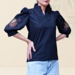 Black Embroidered Sleeve Cotton Top for Women | Elegant Cutwork Detail Blouse - Image 3
