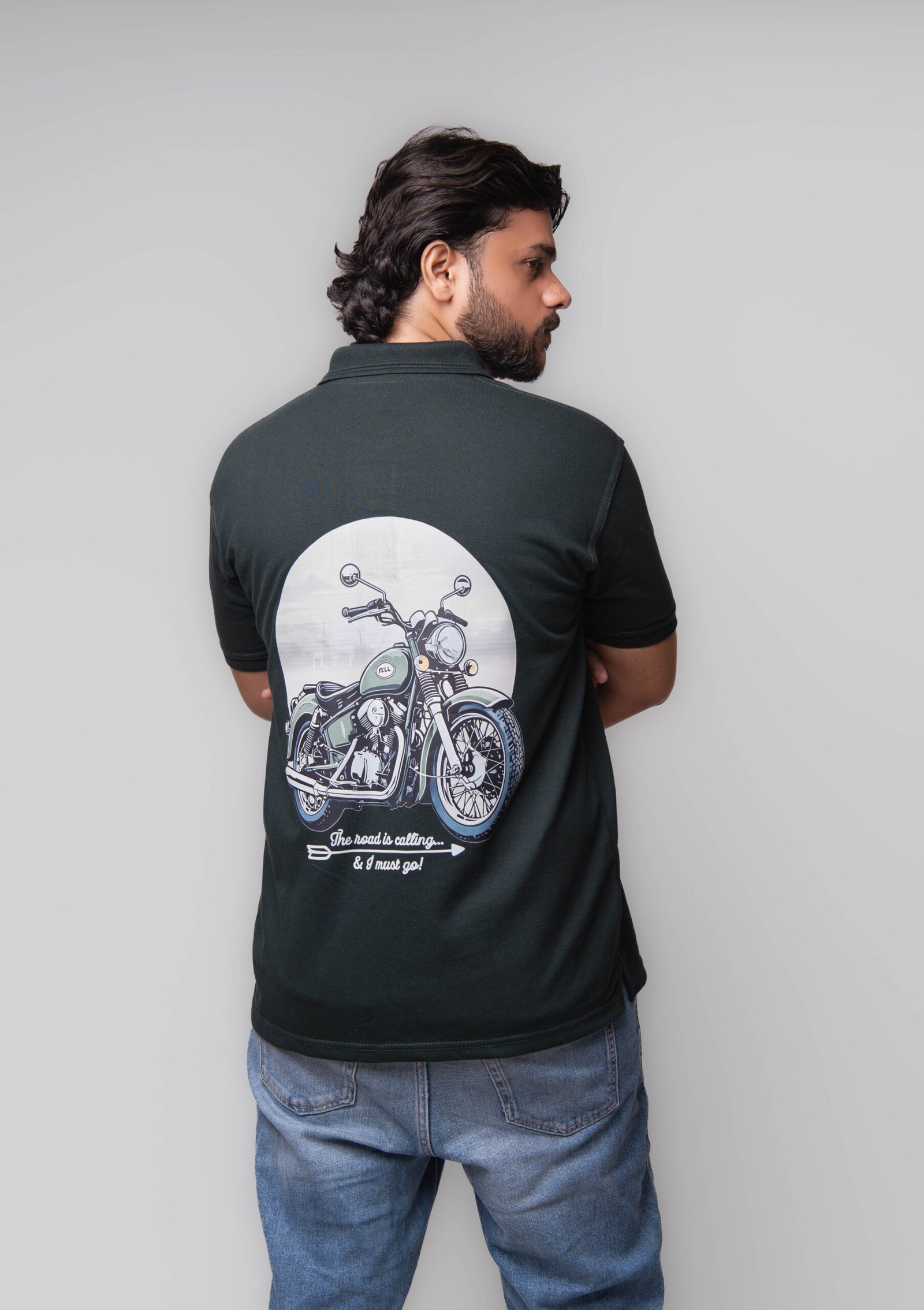 HZI03684 Men’s Dark Green Polo T-Shirt – Motorcycle Adventure Edition - Image 1