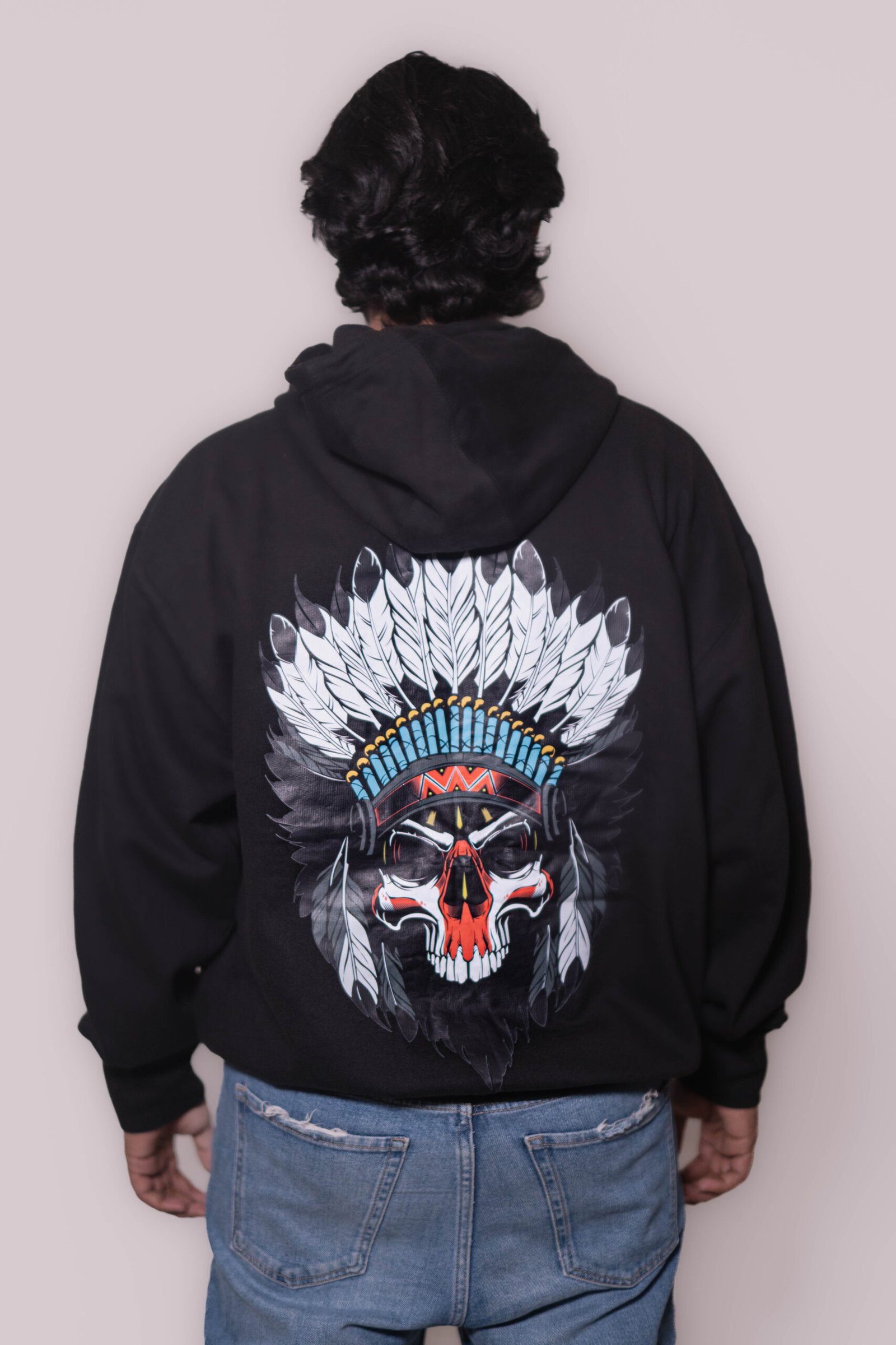HZI03723 Men’s Black Graphic Hoodie – Tribal Skull Edition - Image 1