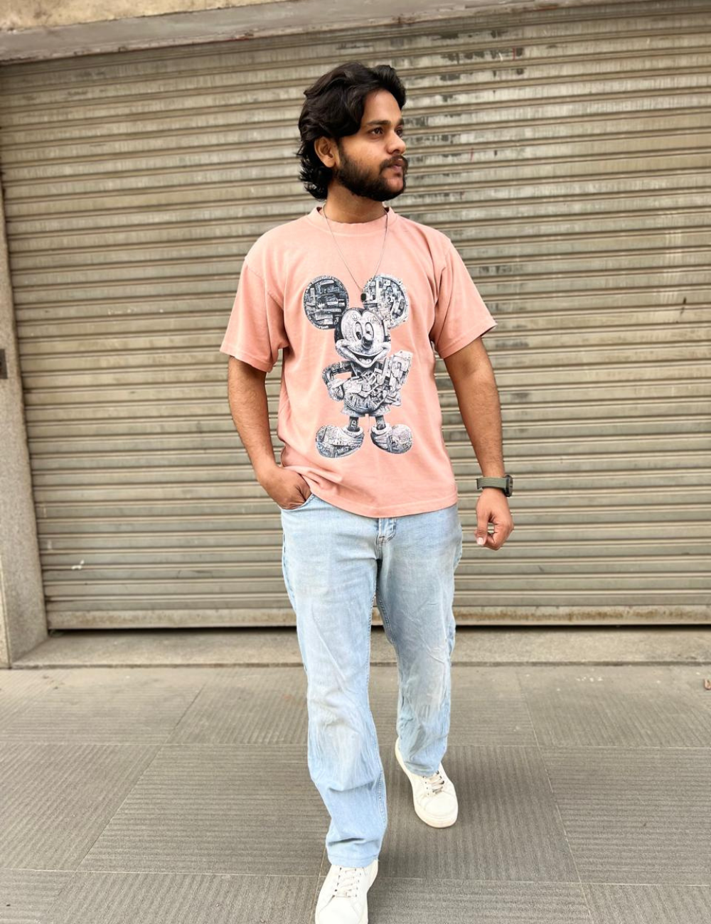 Untitled design - 2025-09-08T165059.883 Men’s Peach Oversized T-Shirt – Classic Mickey Mouse Graphic - Image 1
