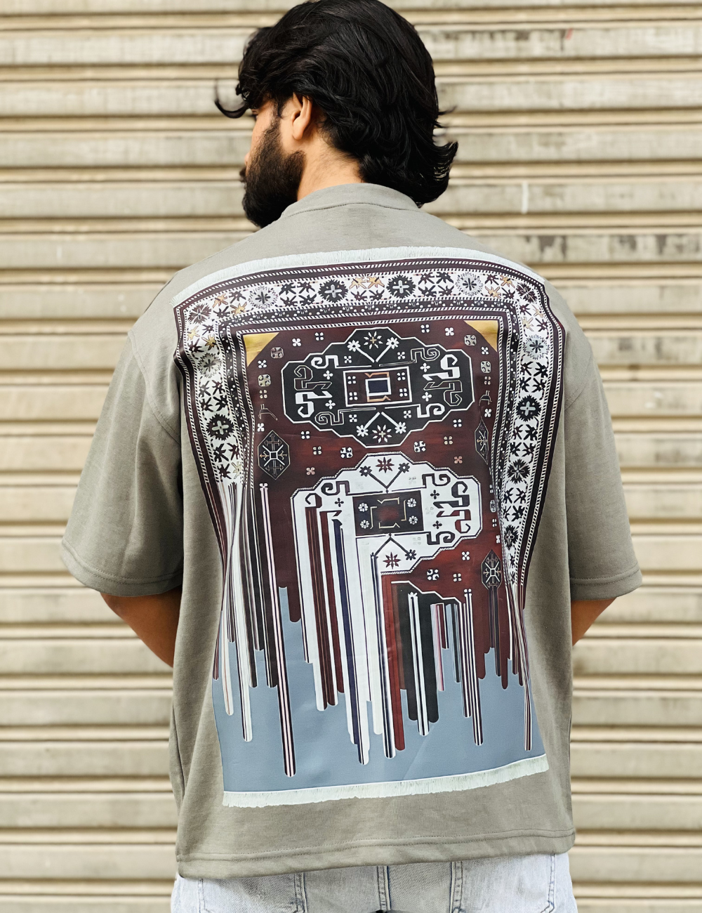 Untitled design - 2025-09-08T165215.317 Men’s Olive Green Graphic T-Shirt – Ethnic Rug Inspired Print - Image 1