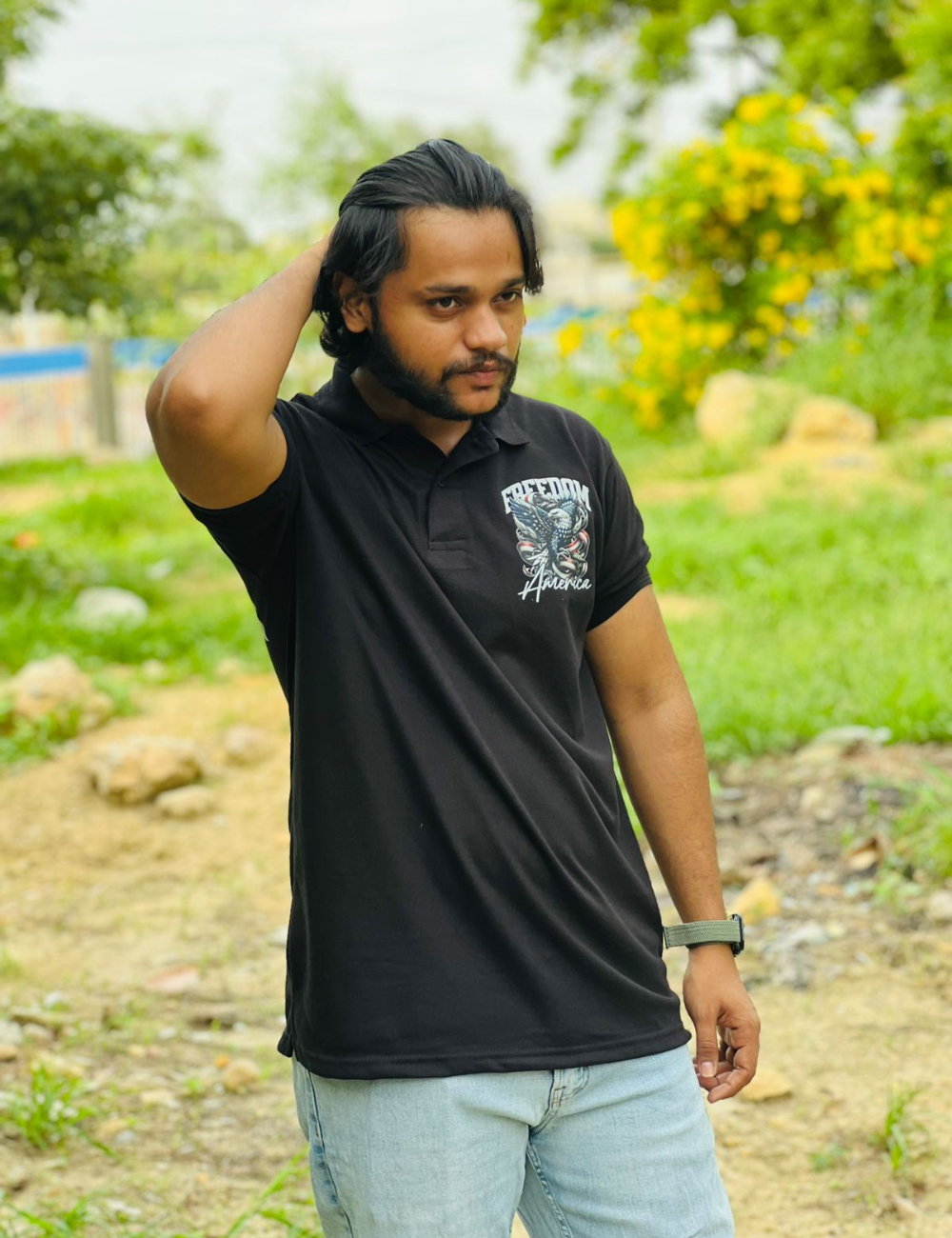 Untitled design - 2025-09-11T144637.458 Men’s Black Polo T-Shirt – Freedom America Edition - Image 1