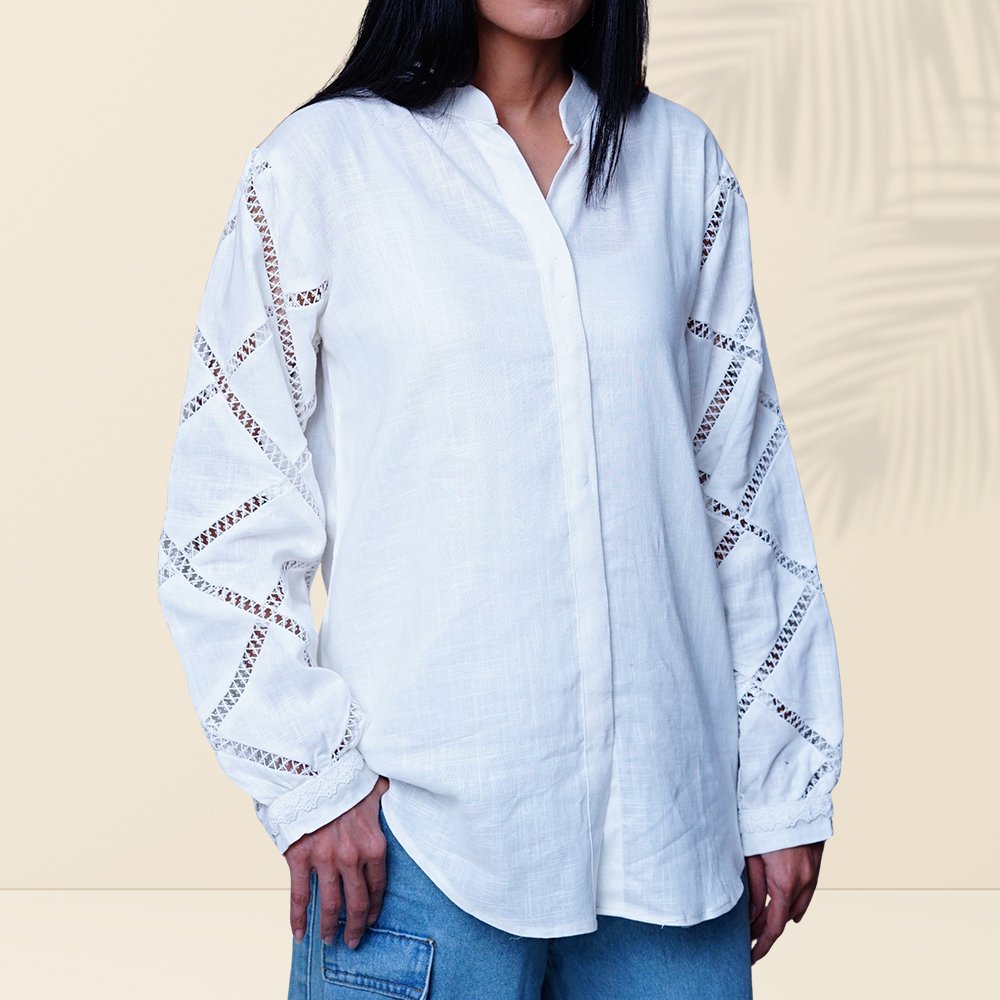 5 (4) White Cutwork Linen Shirt | Minimalist Everyday Elegance - Image 1