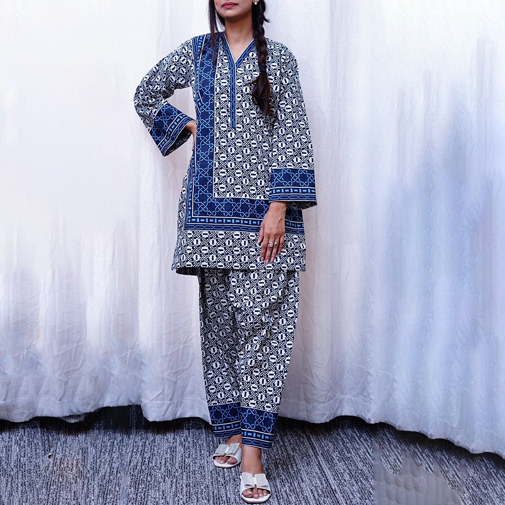 54 Blue Geometric Printed 2-Piece Set | Effortless Everyday Chic - Image 1