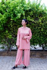 Blush Pink Two-Piece Silk Set | Elegant Wide-Leg Trouser & Flared Sleeve Top - Image 6