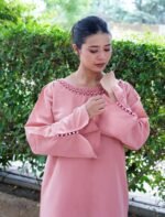 Blush Pink Two-Piece Silk Set | Elegant Wide-Leg Trouser & Flared Sleeve Top - Image 5