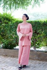 Blush Pink Two-Piece Silk Set | Elegant Wide-Leg Trouser & Flared Sleeve Top