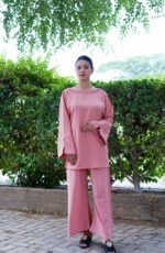 Blush Pink Two-Piece Silk Set | Elegant Wide-Leg Trouser & Flared Sleeve Top - Image 8